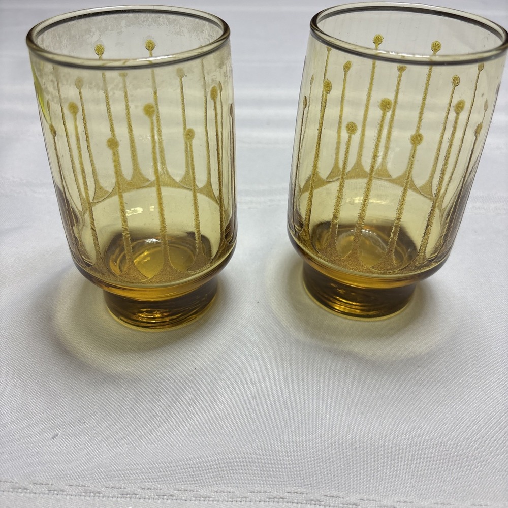 Vtg MCM libbey glasses embossed Barware amber set of 2